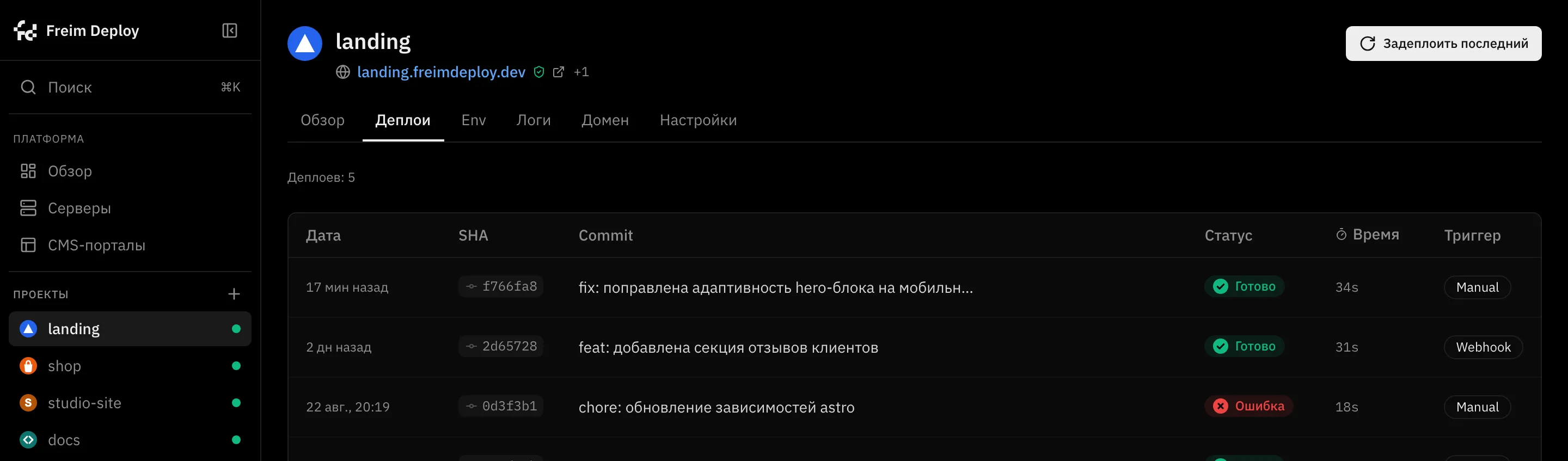 История деплоев проекта: коммиты, статусы, длительность и триггер